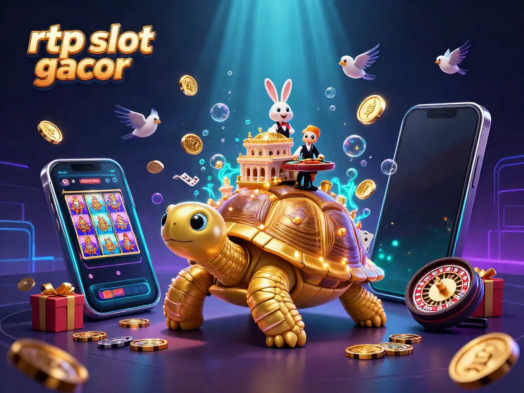 Permainan rtp slot gacor dengan elemen menyenangkan dan dealer di kasino miniatur pada punggung kura-kura emas.