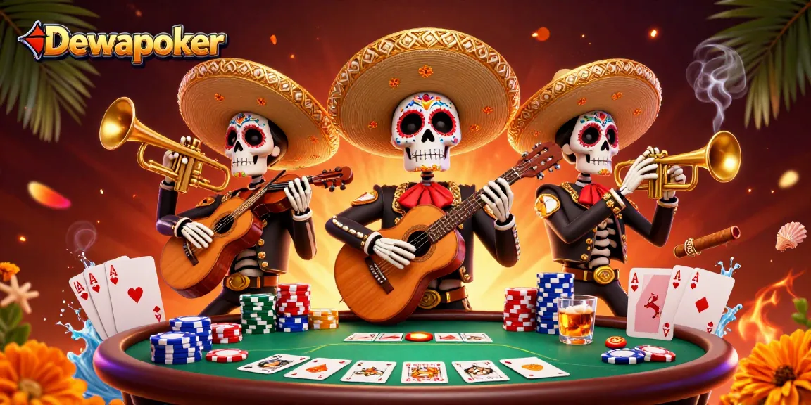 Dewapoker illustrates a vibrant mariachi band celebrating at a lively poker table scene.