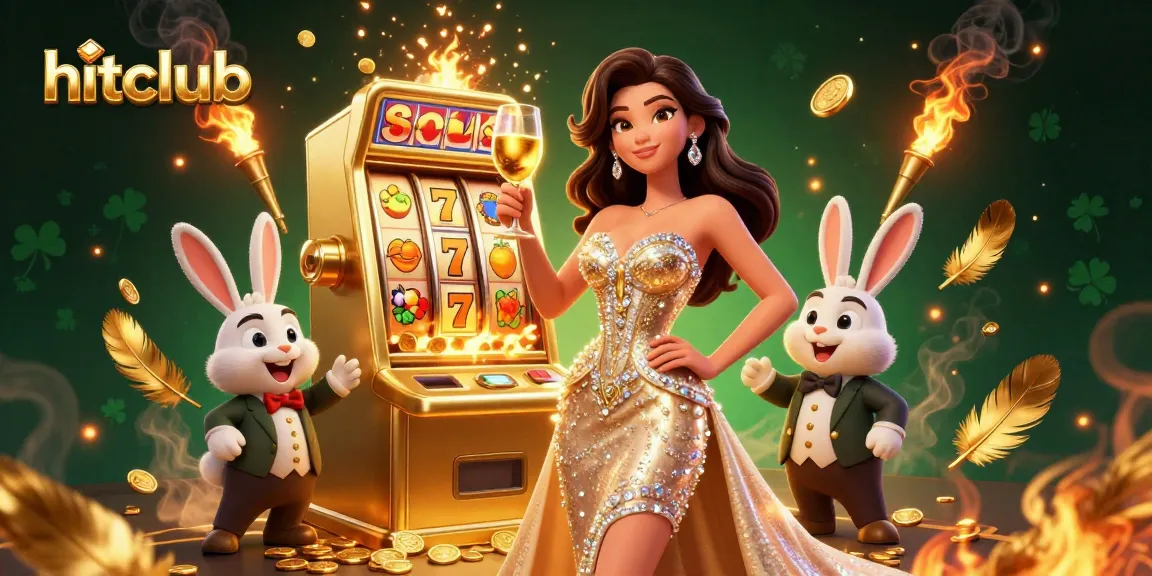 Experience thrilling slots action with hitclub's vibrant golden illustrations and dynamic characters.