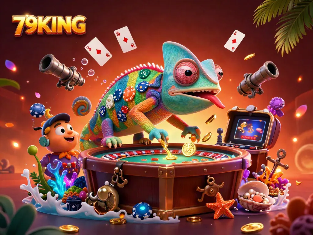 Experience thrilling gaming at 79KING with vibrant casino-themed 3D illustration.