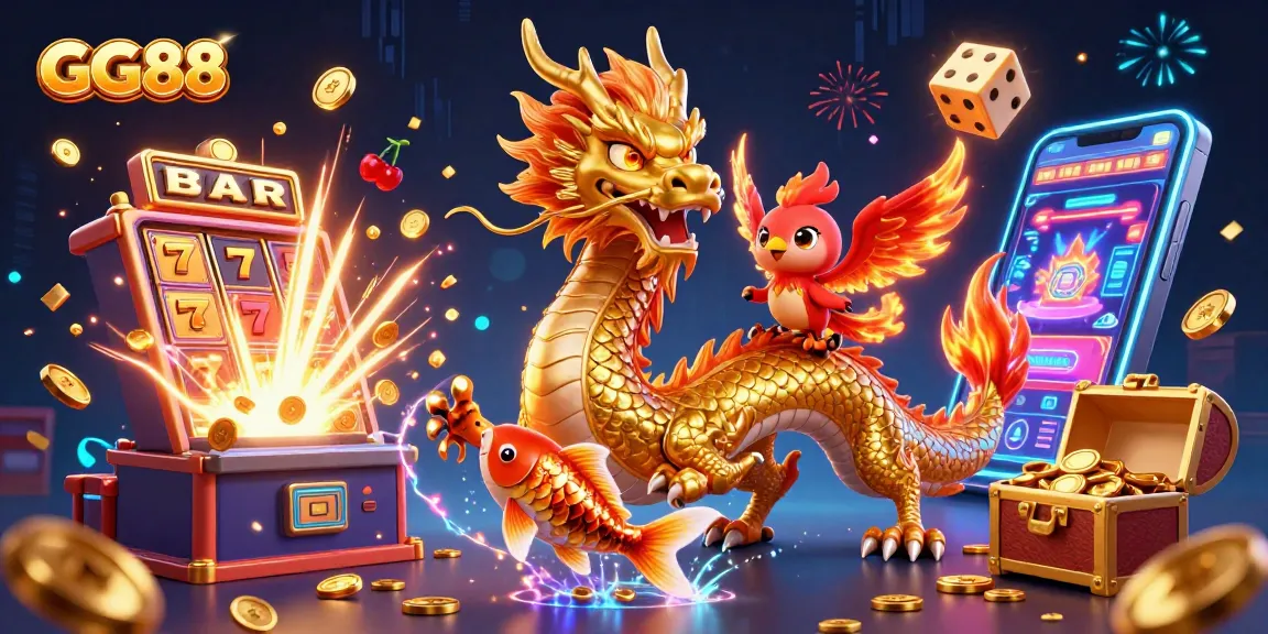 Engage with GG88’s exciting world through a vibrant 3D casino illustration featuring a majestic dragon and playful phoenix.