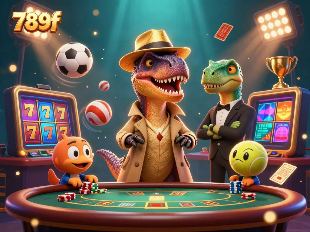 Catch the excitement of 789f with a lively scene of cartoon characters at a casino table surrounded by dynamic game elements.