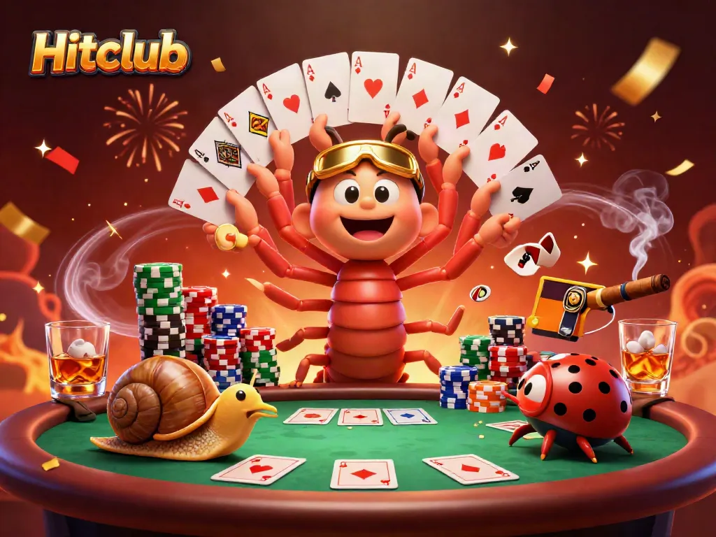 Hitclub brings excitement with a 3D millipede dealer, colorful poker chips, and vibrant casino atmosphere.