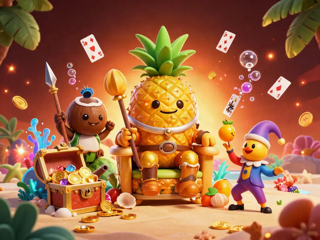 Dabet showcases an adventurous gambling scene with a pineapple king surrounded by golden treasures and vibrant casino elements.