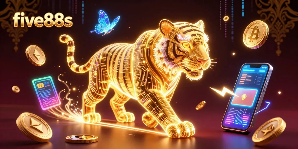 Experience the dazzling five88s casino with glowing crypto elements and a golden tiger in a vibrant 3D art scene.
