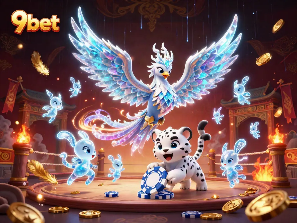 Try your luck with 9bet, featuring a vibrant scene of a mystical phoenix and engaging ice sprites.