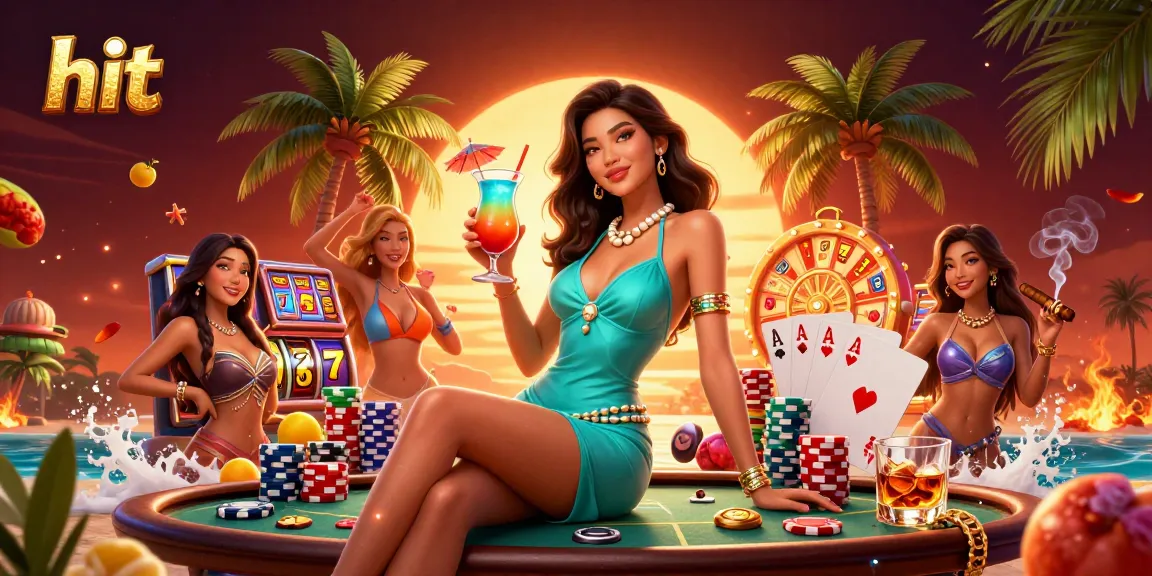 Spin to win at hit casino with vibrant slot symbols and tropical elements in a dynamic scene.