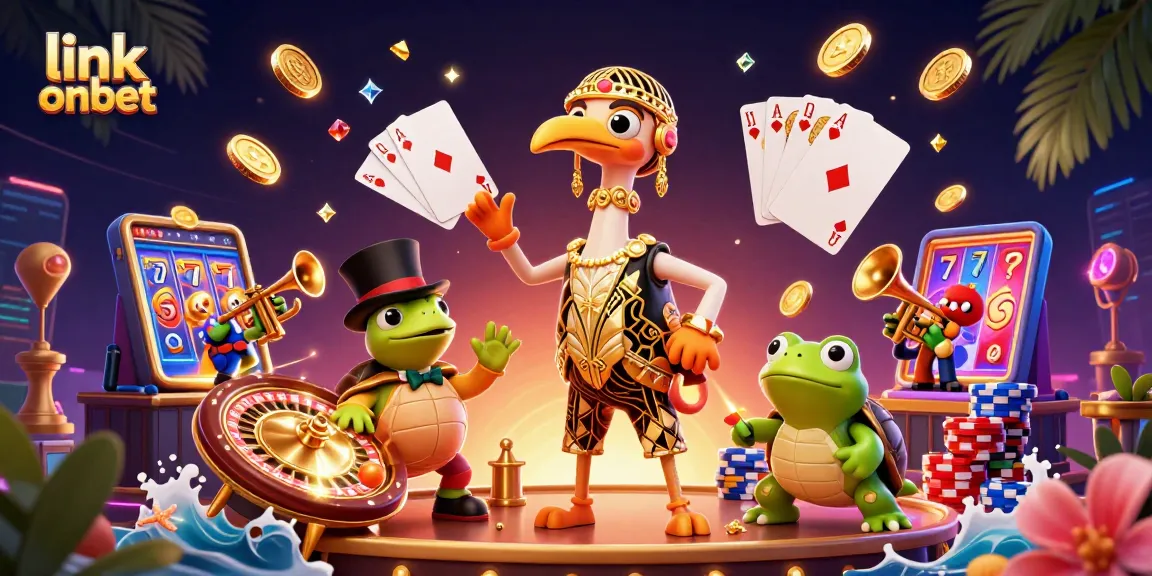 Experience the excitement of link onbet with vibrant casino characters amidst flying gold coins and dynamic gambling elements.