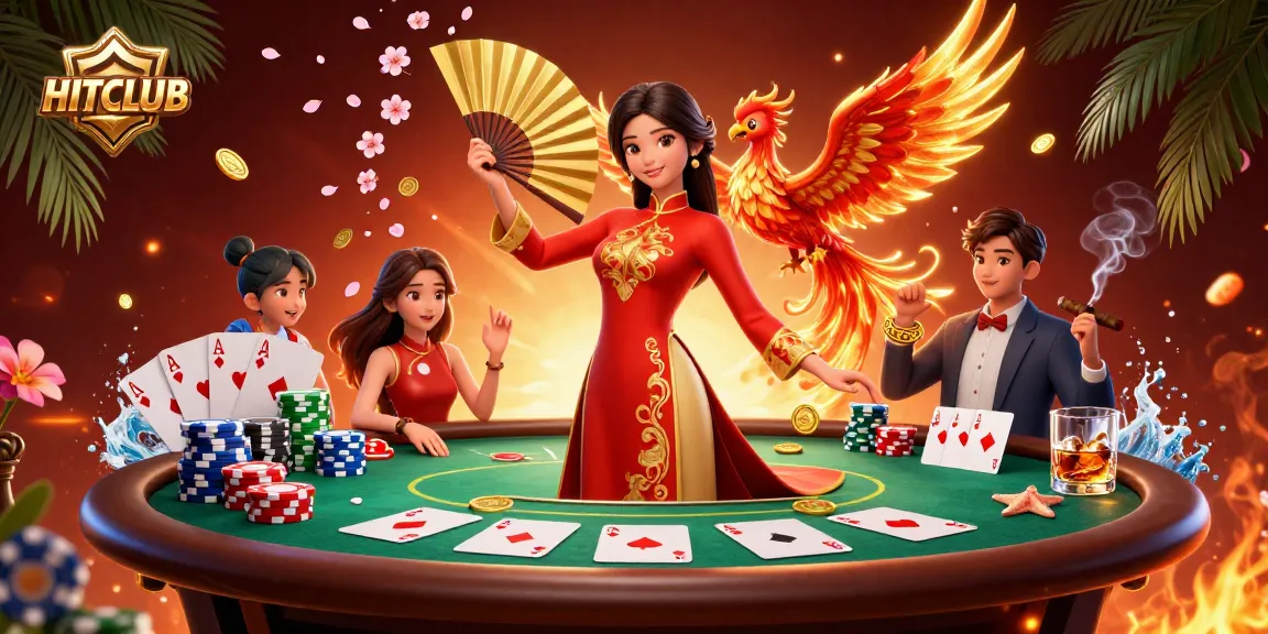 Engage in thrilling gameplay at HITCLUB with a dazzling scene of poker and vibrant casino elements.