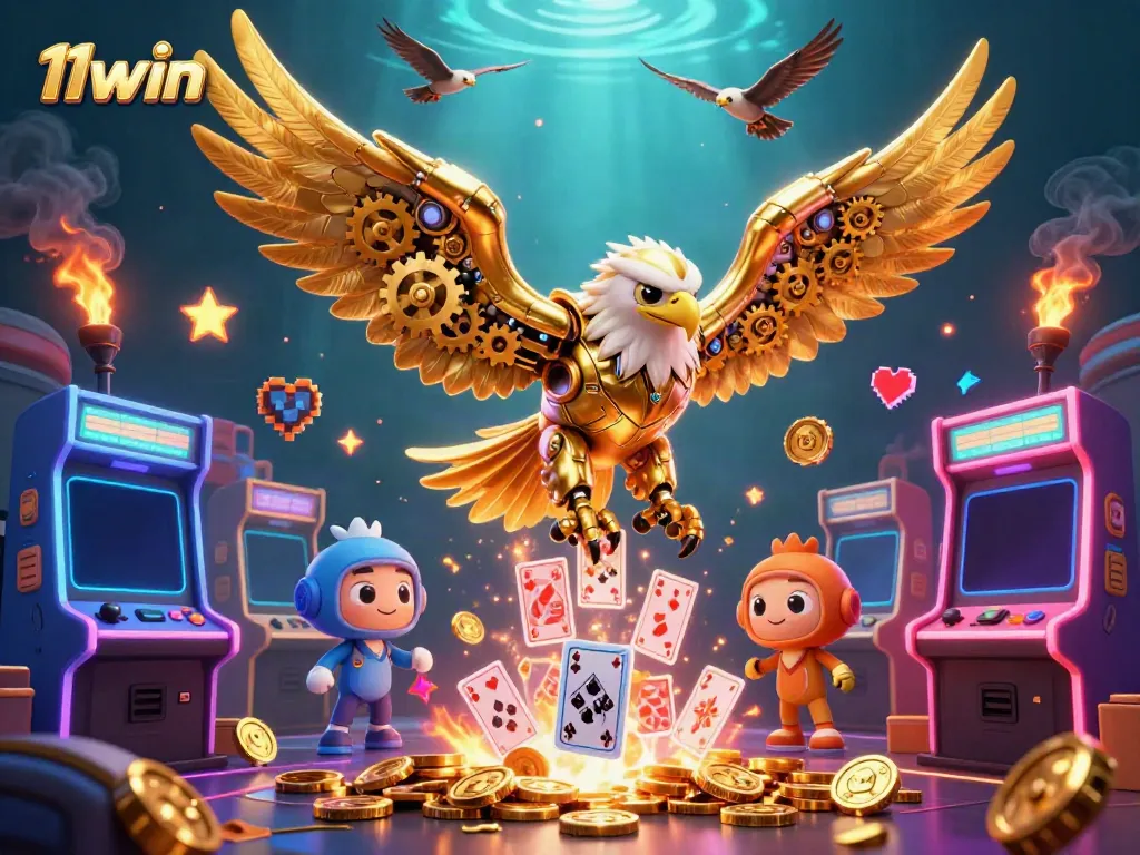 Experience thrilling gameplay with 11win as a golden eagle dives through holographic cards.