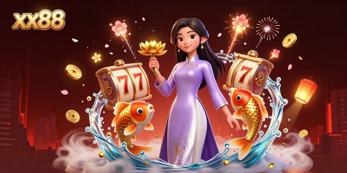 Experience exciting gaming at xx88 with colorful slot reels, elegant Asian culture, and golden koi.