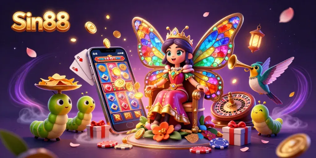 Experience thrilling slot action with Sin88, featuring a butterfly queen amidst coins and cards.