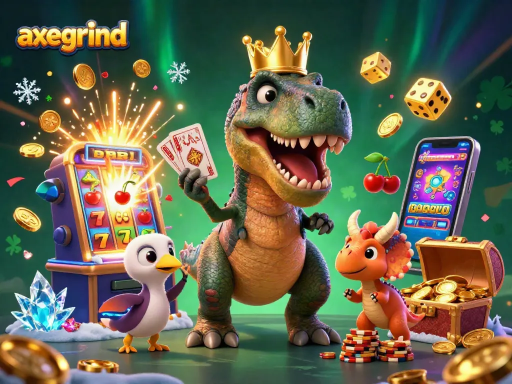 Menggambarkan aksi seru di kasino, axegrind dengan T-Rex, pterodactyl, dan triceratops bermain kartu dan menumpuk chip emas.