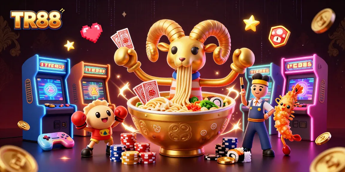 Engage with TR88's thrilling 3D casino adventure featuring a golden ramen bowl and vibrant game elements.