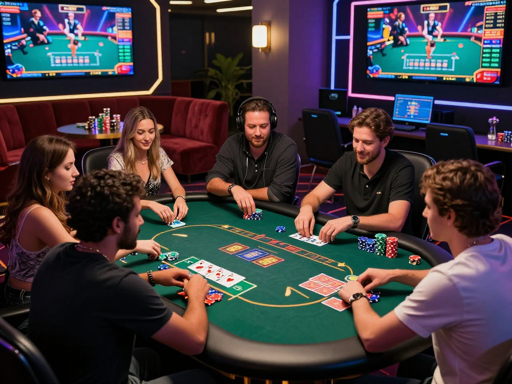 Giocatori entusiasti nei casino non AAMS, immersi in un'atmosfera di lusso e tecnologia.