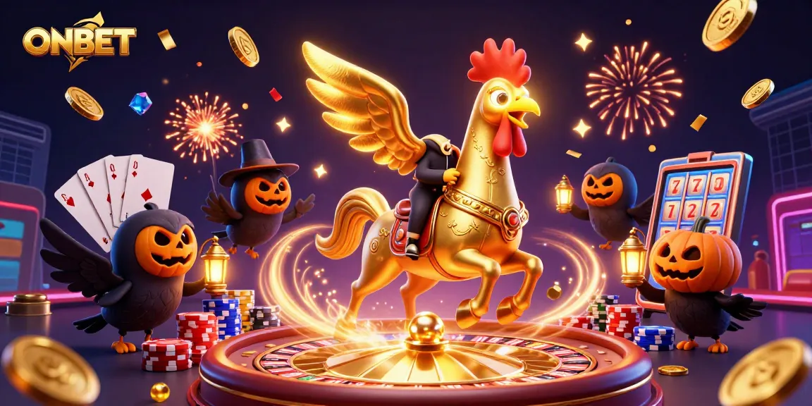 Experience winning thrills at ONBET with a dynamic casino scene featuring golden rooster and magical elements.