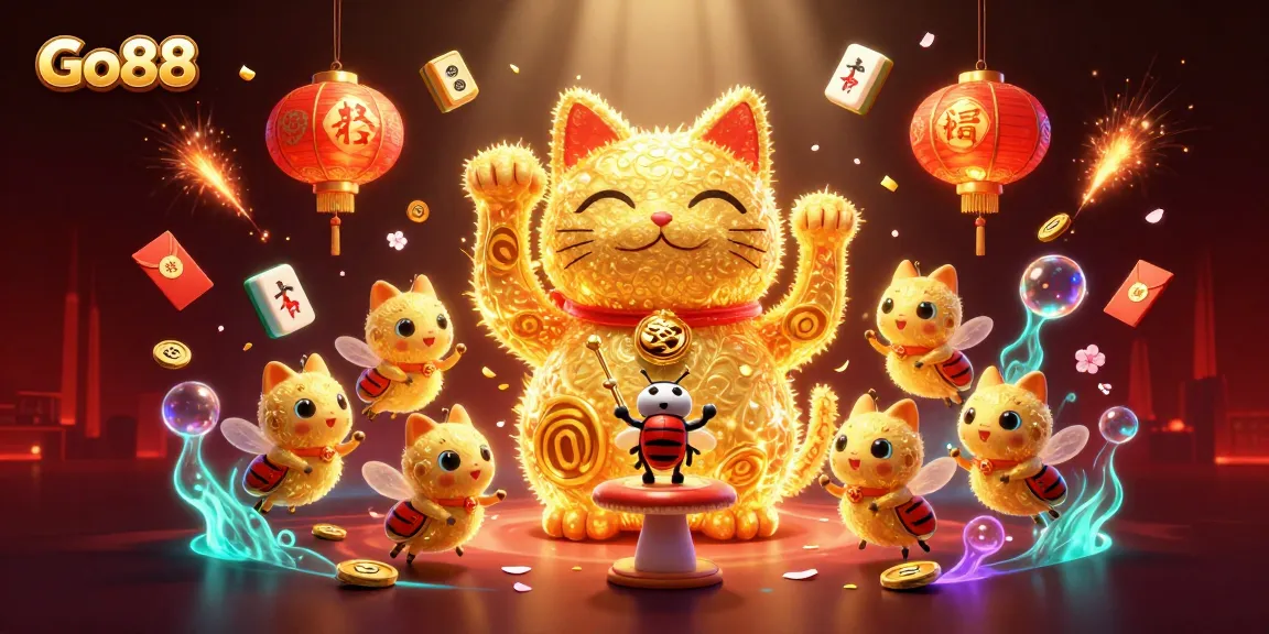 Engage with Go88's vibrant lucky cat formation in a lively casino scene filled with golden fireflies.