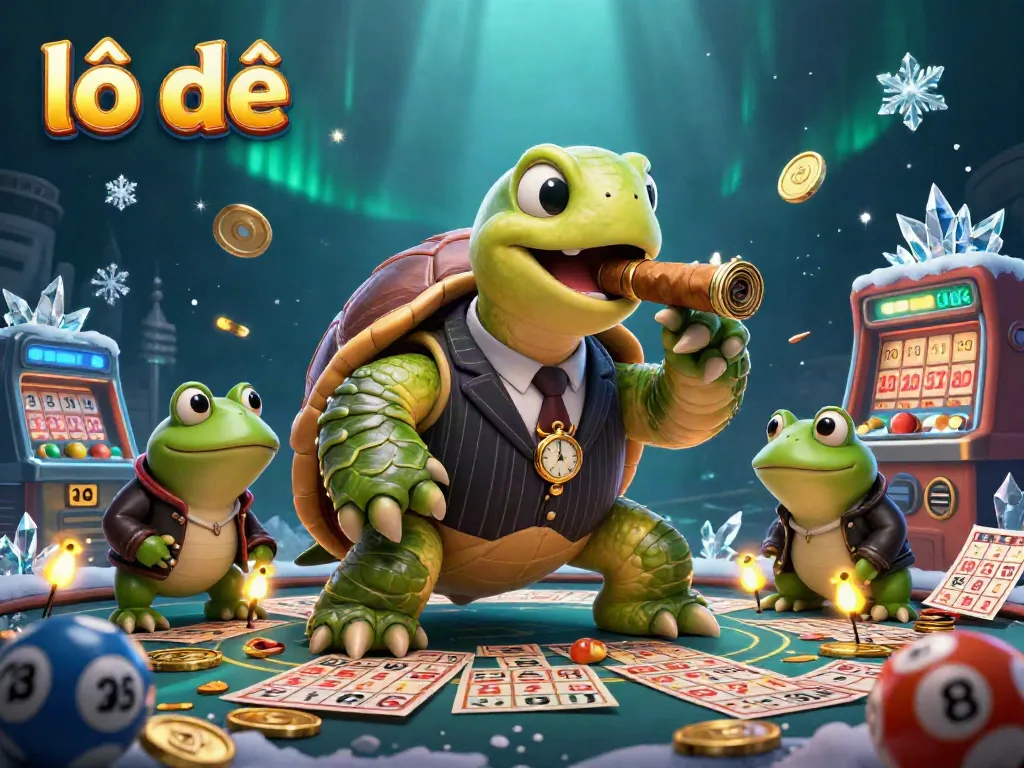 Playfully engaging lô đề scene featuring a massive turtle and bullfrogs amidst dynamic lottery elements.