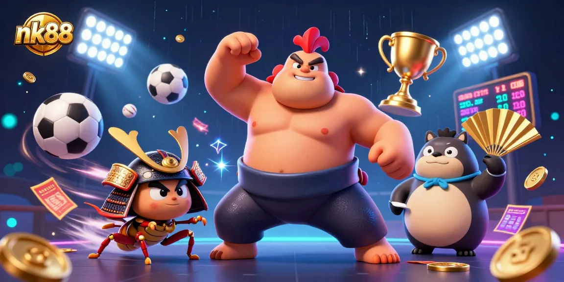 Engage with exciting games at nk88, featuring vibrant characters and sports elements in a thrilling casino scene.