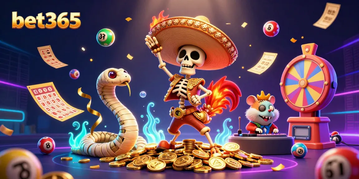 Experience the thrill of bet365 with vibrant lottery balls and festive casino characters.