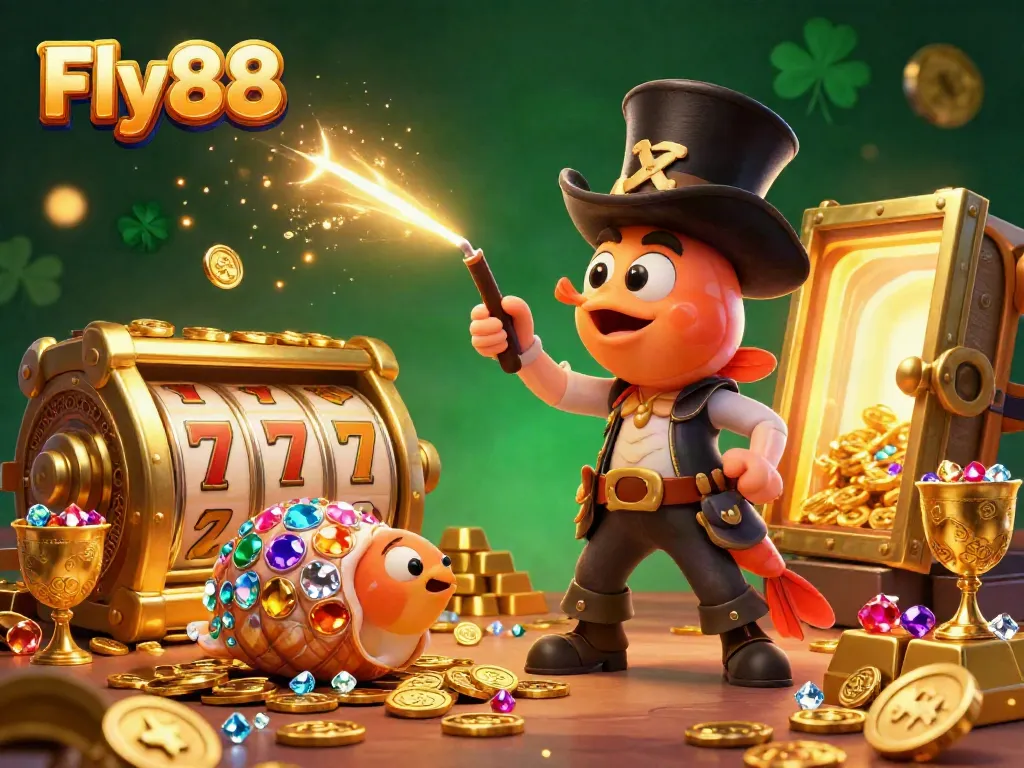 Win big with Fly88's exciting slot games featuring treasure-rich characters in an immersive casino atmosphere.