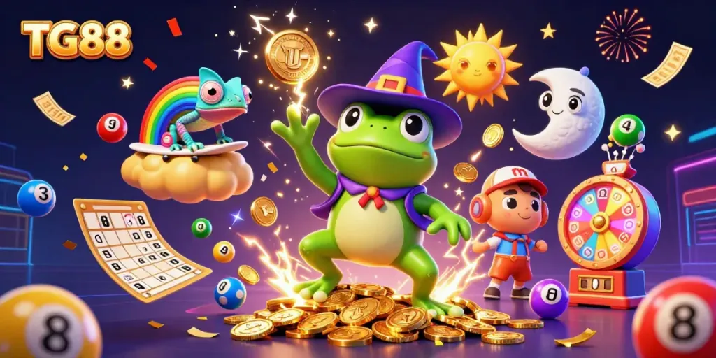 Experience the excitement at TG88 with a lively scene of gaming and rewards among a fantasy world of colorful symbols.