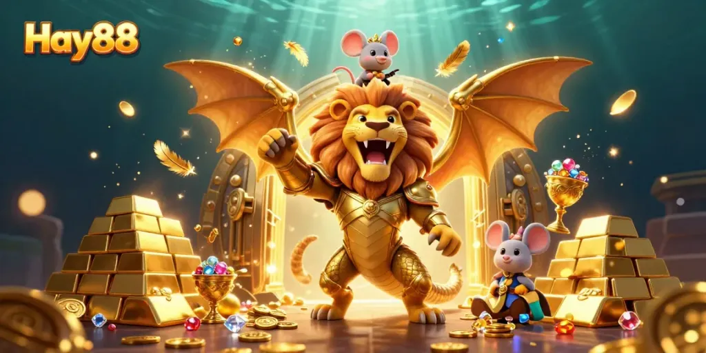 Experience the thrilling casino world of Hay88 with a roaring chimera and treasure galore.