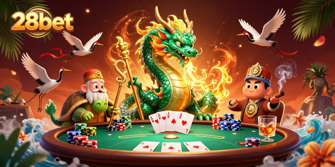 Experience thrilling wins at 28bet with a vibrant casino scene featuring a dragon, turtles, and poker elements.