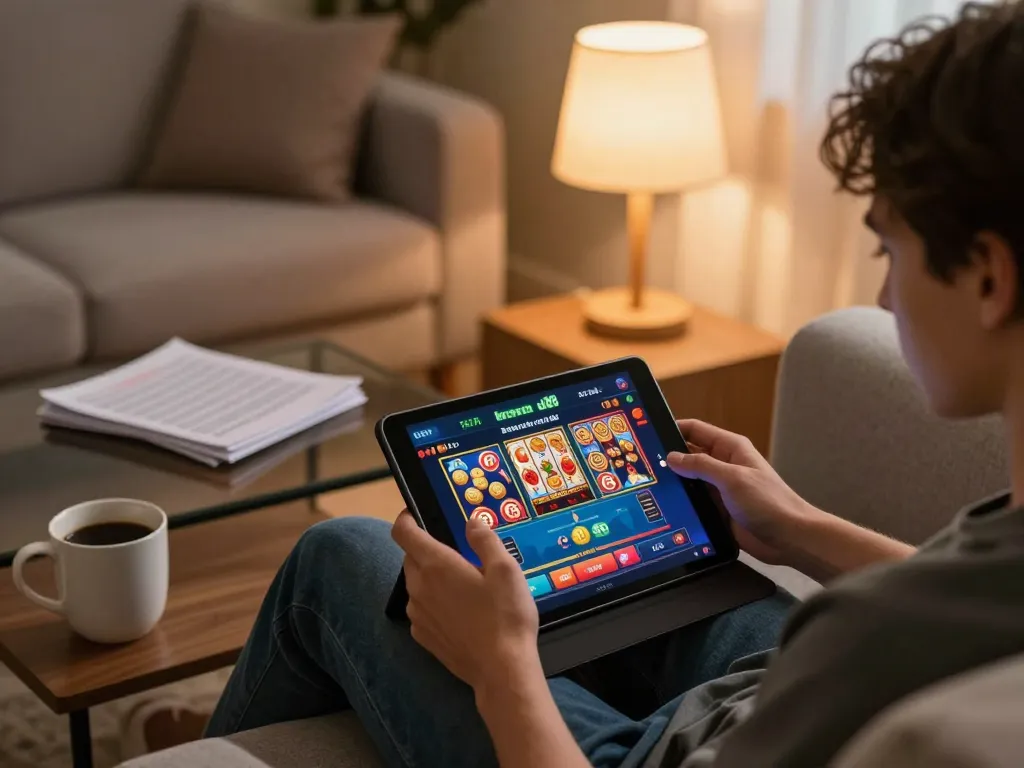 A player exploring the trang chủ uu88, enjoying engaging casino games on a comfortable home setup with strategy notes.