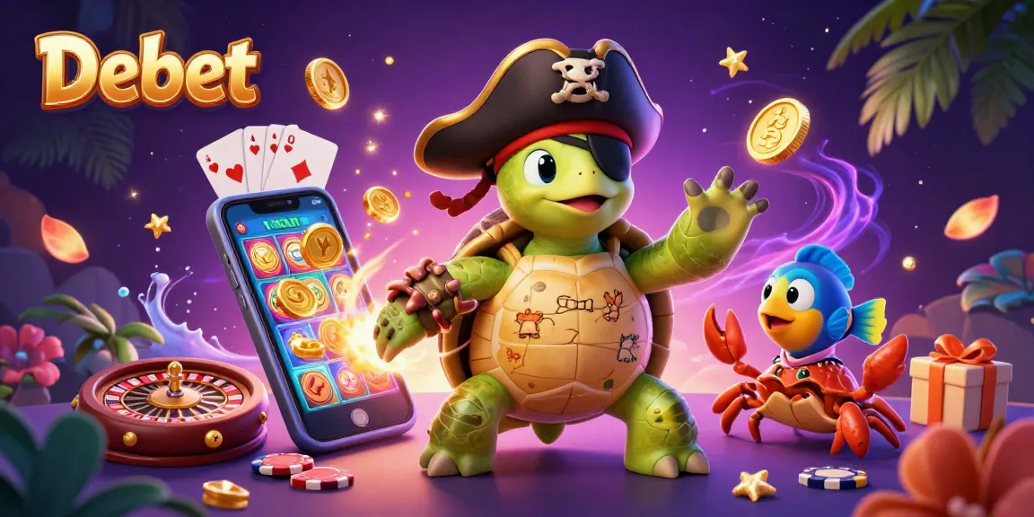 Engage with Debet's vibrant casino adventure featuring a pirate turtle, crab, and parrotfish enjoying slot games.