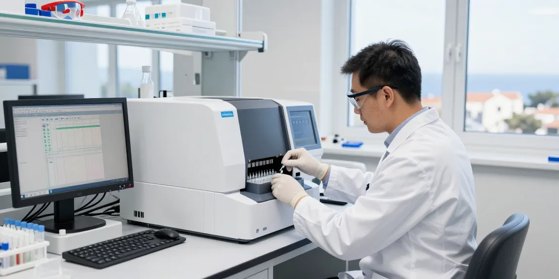 Aegean Labs scientist conducting peptide analysis with HPLC equipment in a bright lab setting