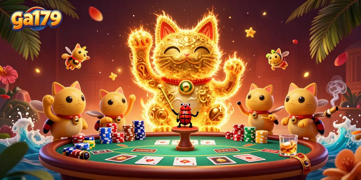 Experience the thrill of ga179 at this vibrant casino scene depicting a lucky cat and poker elements.