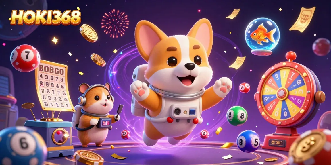 HOKI368 features a playful astronaut corgi and friends in a vibrant space casino adventure.