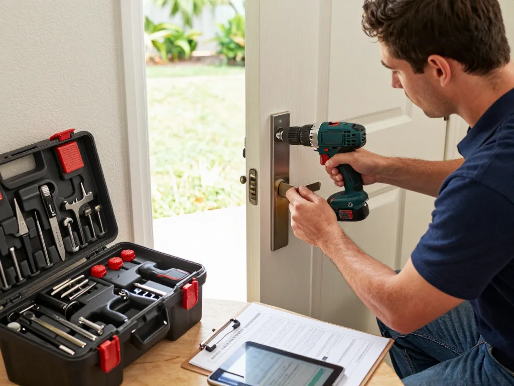 Expert locksmith from PSL Lock and Key Palm City installing high-security locks with professional tools