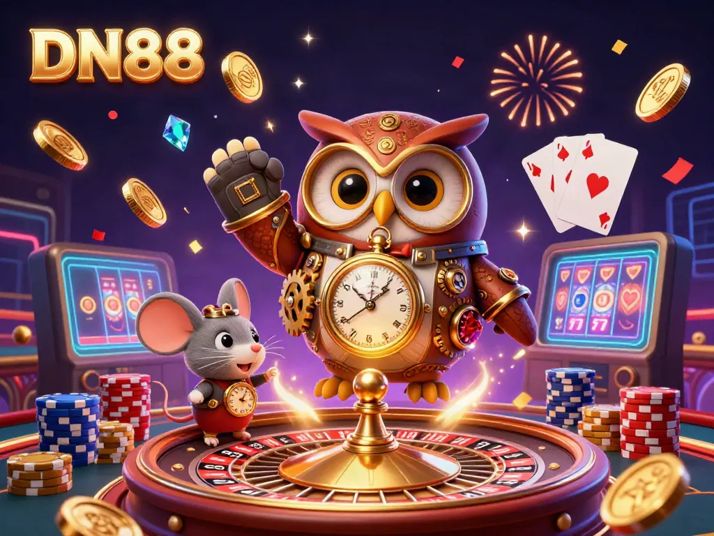 Experience thrilling gaming at DN88 with vibrant characters and casino elements in a dazzling 3D illustration.