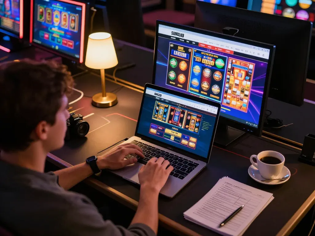 Engaging online gaming session on sumclub with vibrant slot machine displays and strategic notes visible