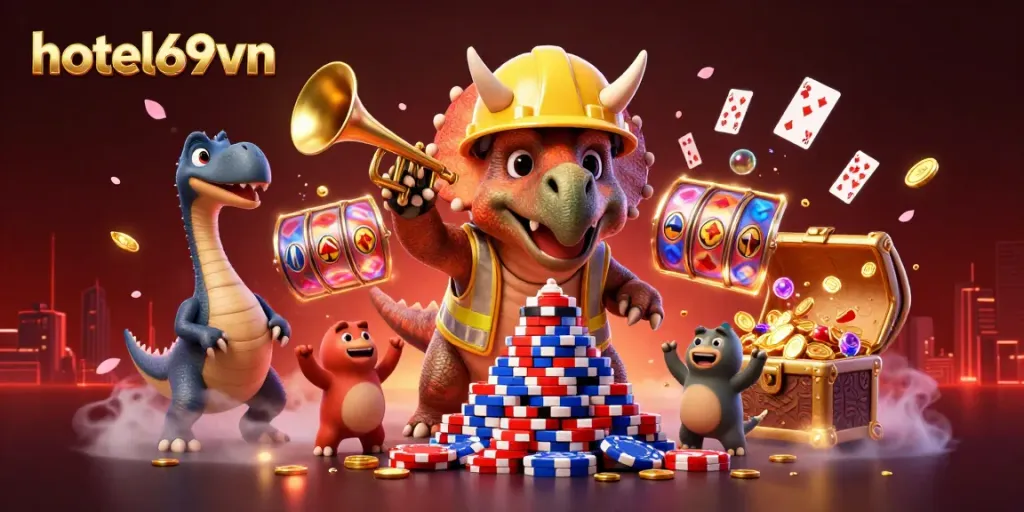 Win big with hotel69vn as a triceratops builds poker chip towers in a vibrant casino scene.