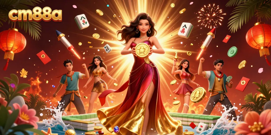 Experience the excitement of cm88a with stunning visuals of a lucky Asian woman holding a giant coin amidst a shower of wealth.