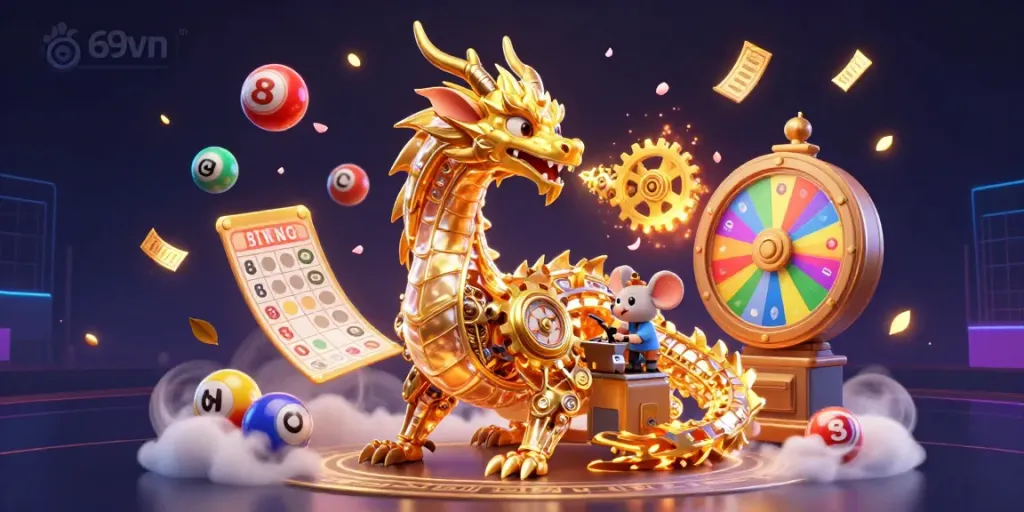 Engage with top games at 69vn, featuring golden dragon and vibrant lottery elements in a dynamic casino illustration.