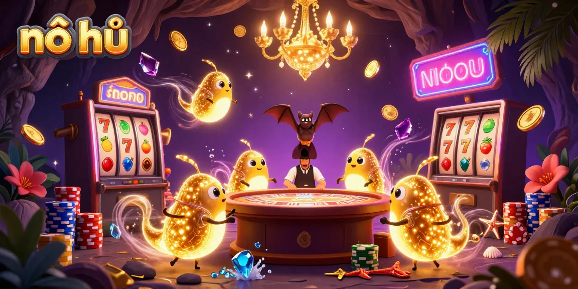 nổ hũ: Experience the excitement of the casino with glowworms lighting up vibrant slot machines and spinning reels.