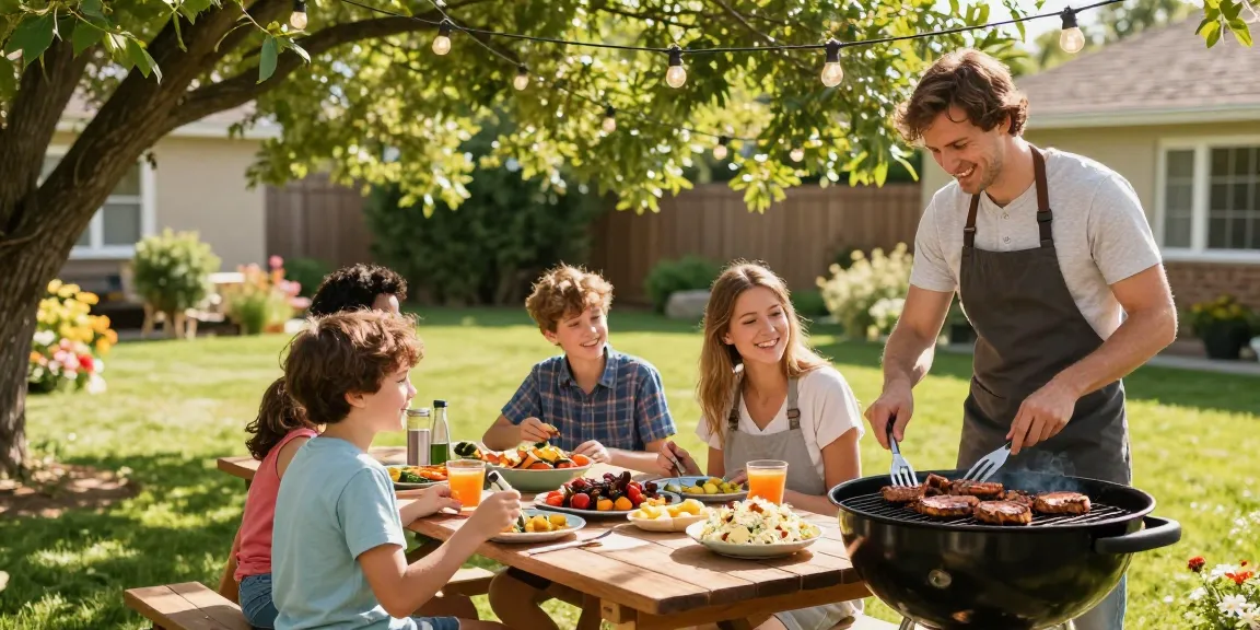 Makan bersama di barbeque outdoor dengan BOS88 Link Alternatif sebagai tema utama, hidangan daging panggang dan salad.