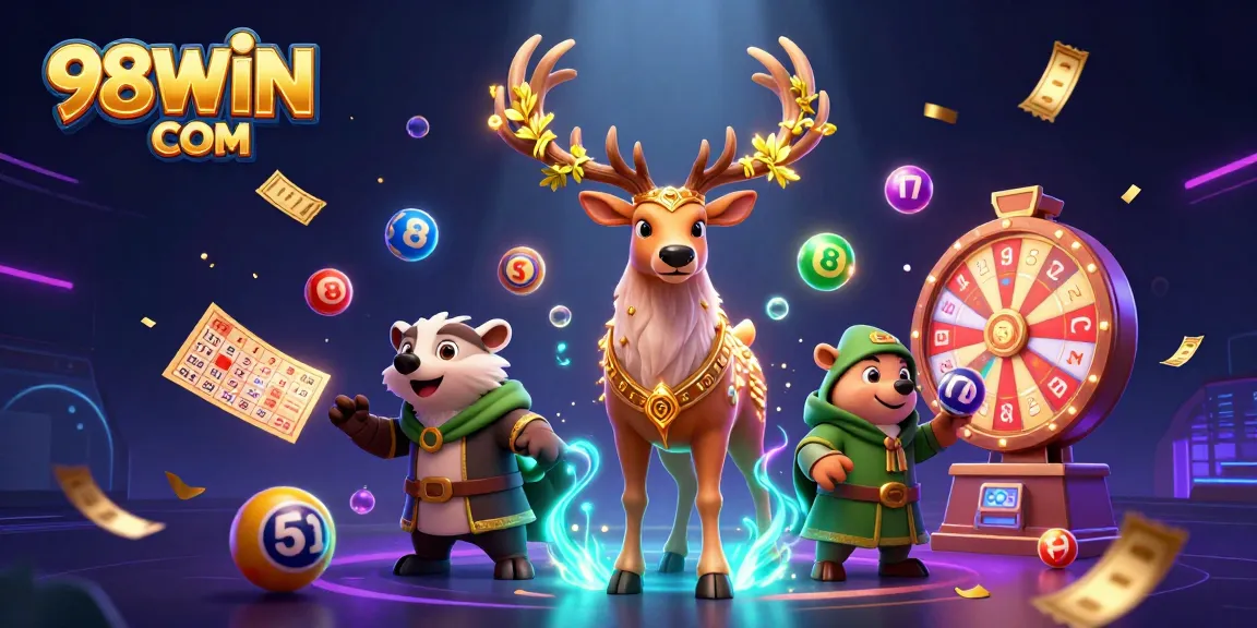 Experience excitement with 98WIN COM as colorful lottery elements and characters create a vibrant casino scene.
