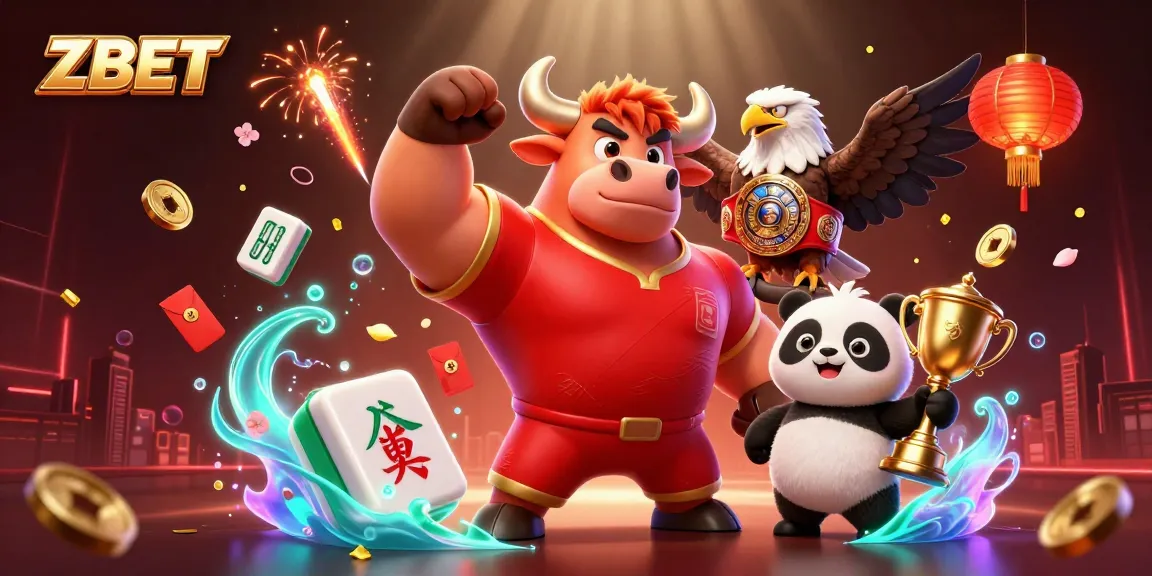 ZBET showcases a victory scene with a bull mascot, eagle, and panda in a casino-themed celebration.