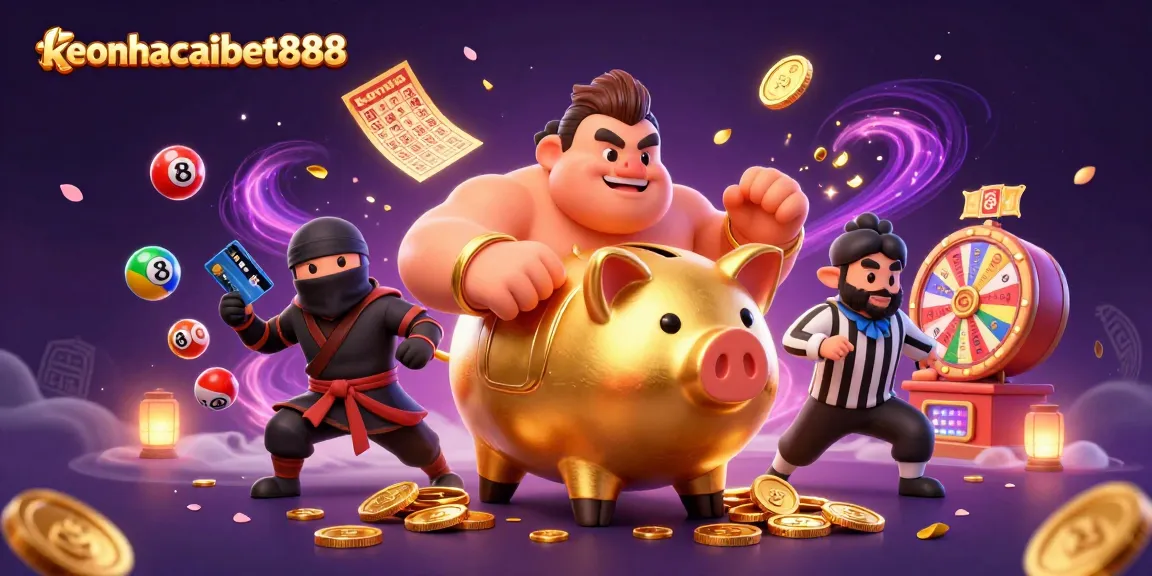 Engage in exciting gambling with keonhacaibet888, showcasing a triumphant golden piggy bank sumo wrestler.