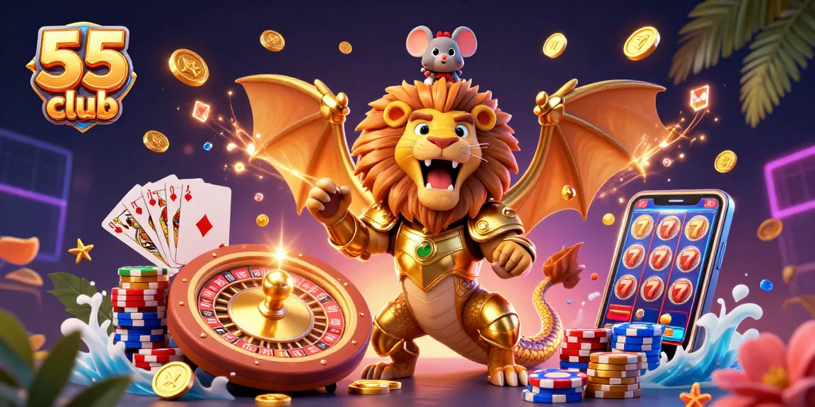 Experience the excitement of the 55 club with a golden chimera roaring atop a mouse jockey amid dynamic casino elements.