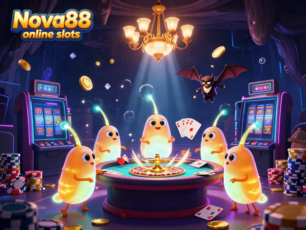Experience the excitement of Nova88 online slots with vibrant glowworms illuminating a dynamic casino scene.
