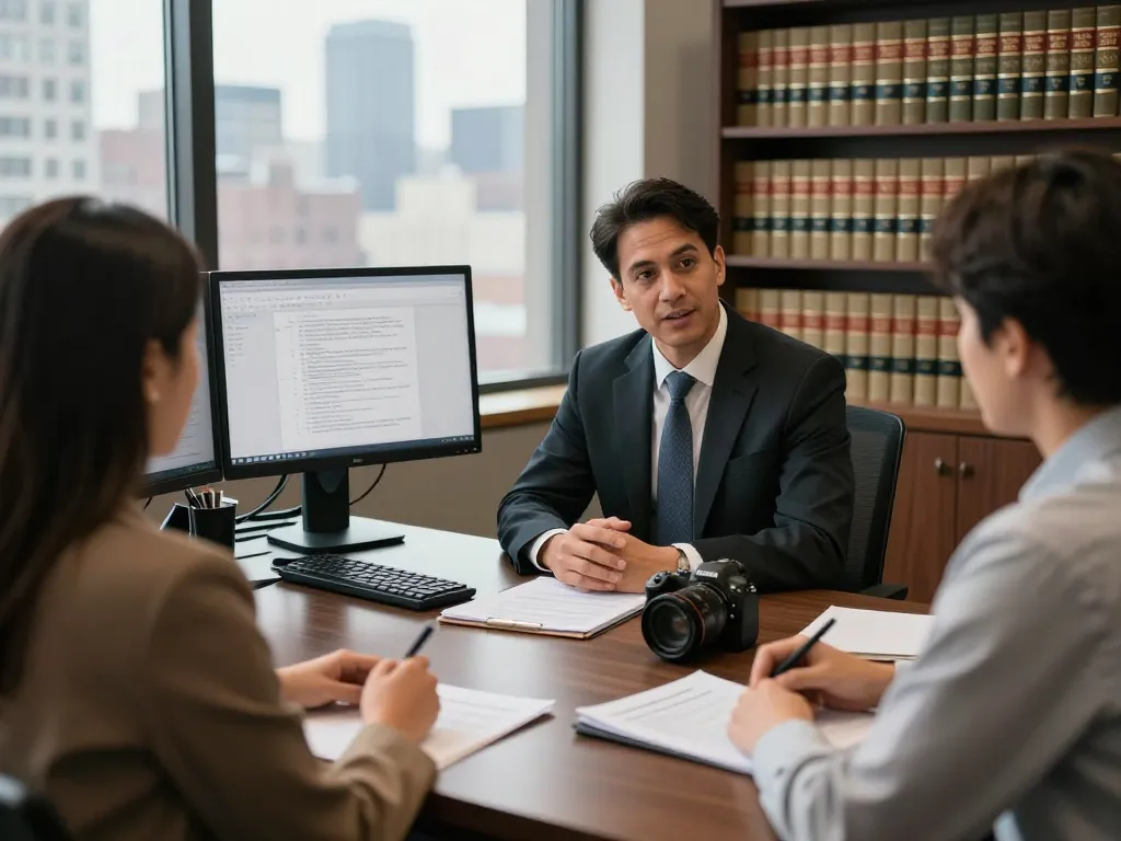 New York City Personal Injury Lawyer discussing cases with clients in a modern office.