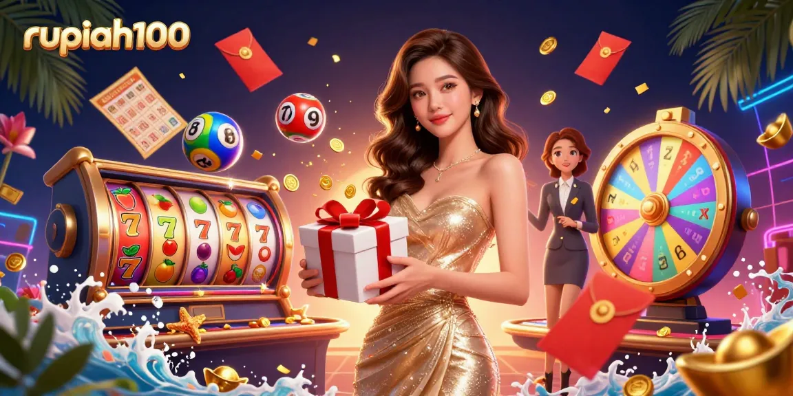 Engage with the excitement of rupiah100 as golden coins rain down amidst vibrant slot game scenes and lottery elements.