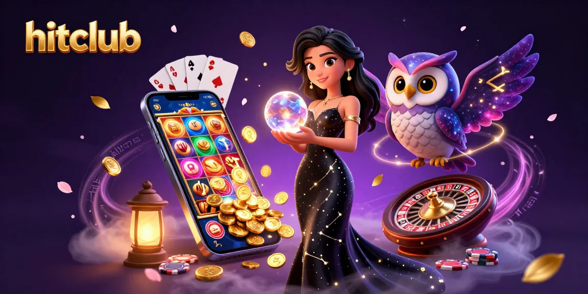 Experience hitclub's thrilling gaming world with a stunning woman, mystical owl, and vibrant casino elements.