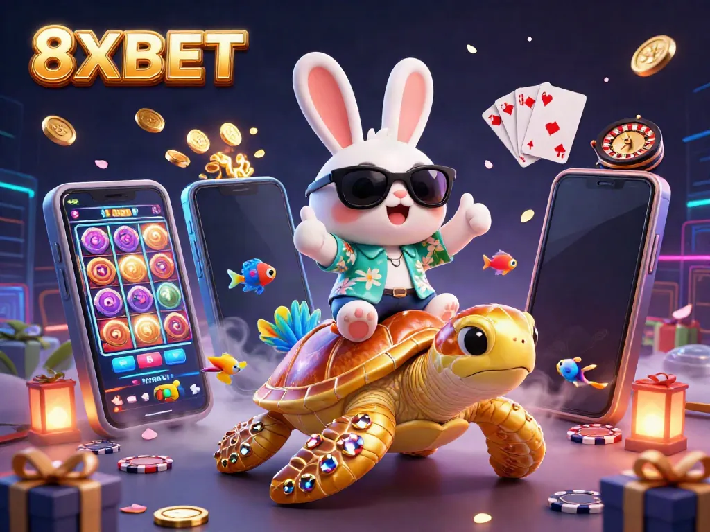 Experience the thrill of 8XBET with our vibrant illustration, showcasing an enticing casino scene filled with dynamic gaming elements.